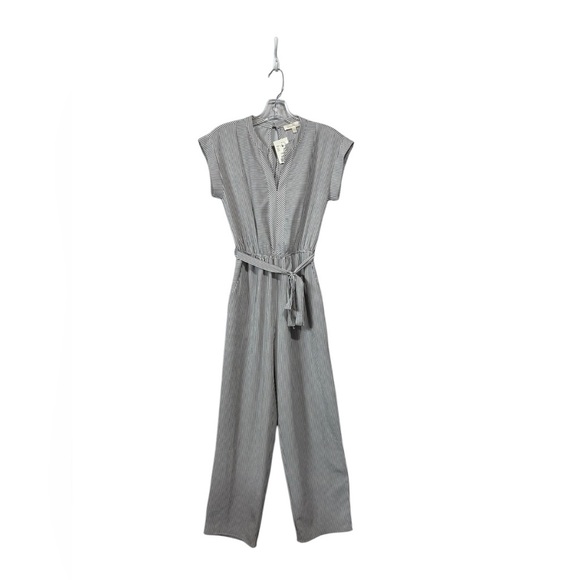 Monteau Los Angeles, V-Neck Striped Jumpsuit With Waist Tie, Small, White, Grey - Picture 3 of 9